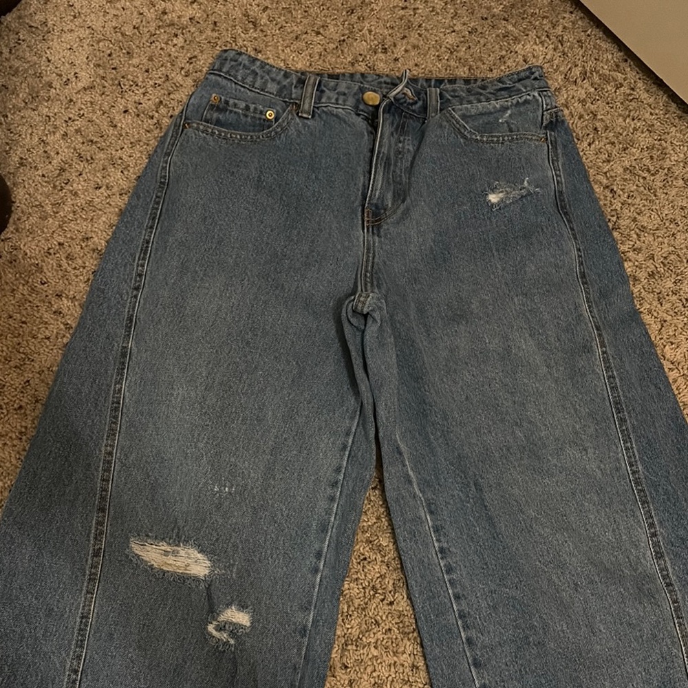 Blue Straight Leg Distressed Jeans